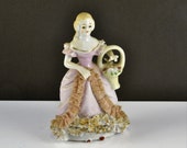 Dresden Lace Figurine Woman w Flower Basket Occupied Japan Colonial Victorian Renaissance Porcelain Pink Dress Flowered Shoulders