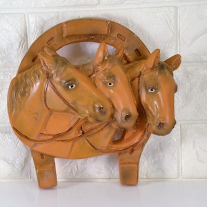 Chalkware Horse Heads on Horseshoe Hanging Wall Decor Western Theme