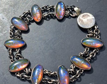 Dragons Breath Faux Opal Bracelet Sterling Silver Czech Glass Antique