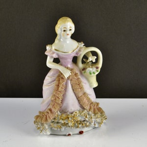 Dresden Lace Figurine Woman w/ Flower Basket Occupied Japan Colonial Victorian Renaissance Porcelain Pink Dress Flowered Shoulders