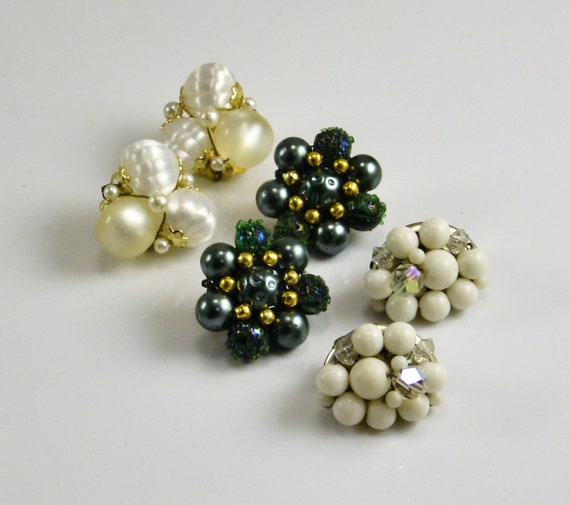 Beaded Earrings  3 Vintage Pair Clip On Japan - M… - image 3