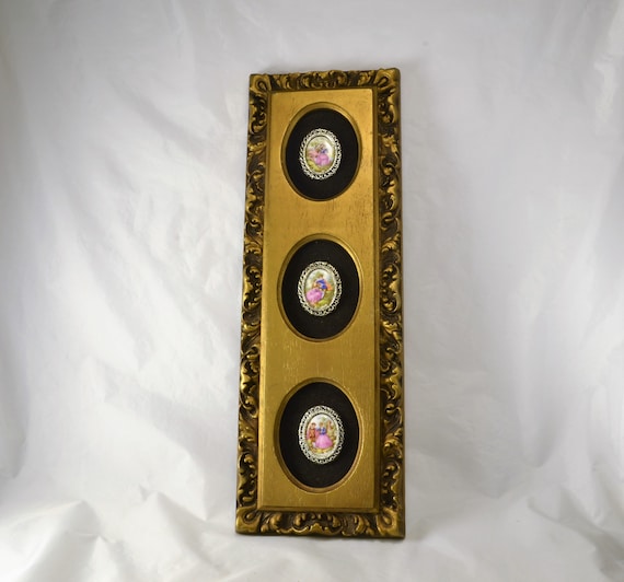 Rococo Framed Wall Hanging Picture 3 Hand Painted Porcelain Cabochons Victorian Scenes Shabby Cottage,  French Provincial Hollywood