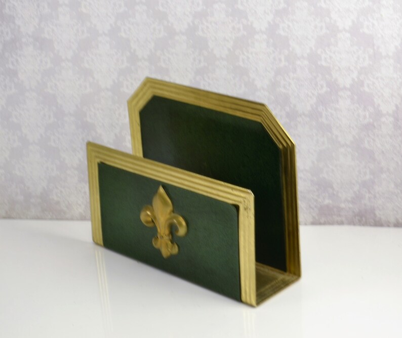 Desktop Letter Holder Green Leatherette Gold Fleur De Lis Vintage Mid Century Office Organization