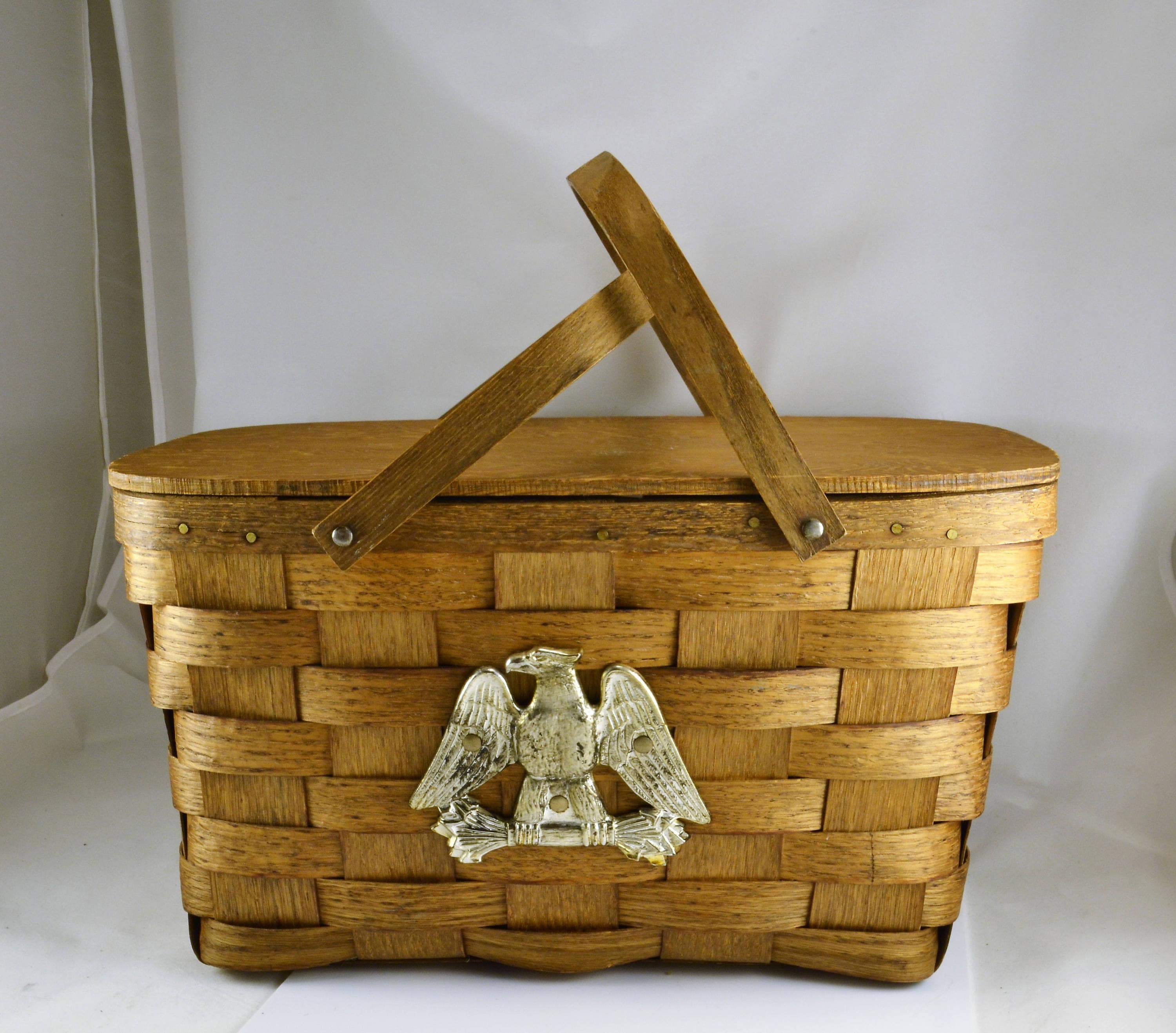 Eagle Picnic Basket Splint Wood Basketville Hinged Lid Etsy