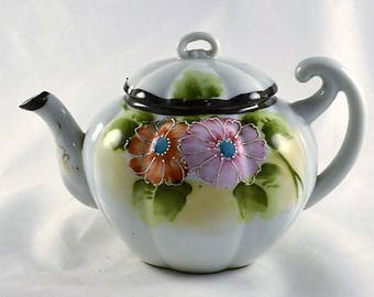 Floral Teapot Hand Painted Porcelain Moriage Beaded Daisy or Cosmo Floral - Vintage Made in Japan
