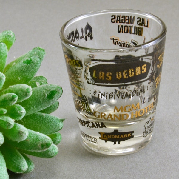 Las Vegas Shot Glass Vintage  Nevada Casino Souvenir Gold Print Jigger Gambling City of Lights Barware 18 Hotels & Casinos