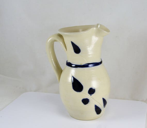 Williamsburg Pottery Pitcher - Handled - Cobalt Blue Leaf Design Salt Glaze