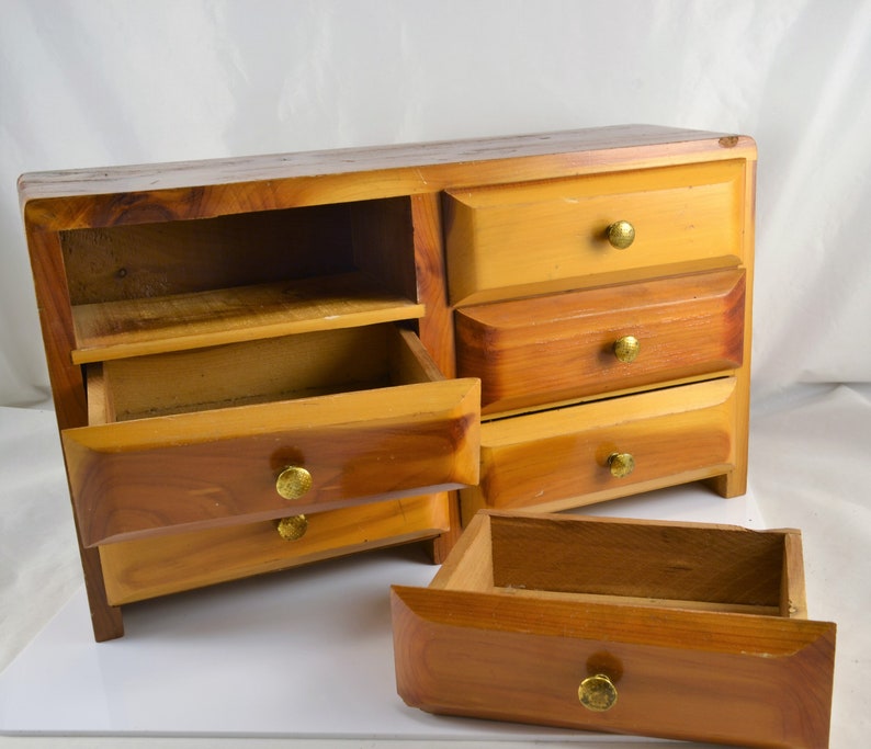 Jewelry Box Cedar Wood 6 Drawer Dresser Top Valet Cabin Country Farmhouse Decor Desk Storage Stash Box