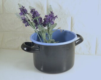 Enamel Pot Black w/ Blue Interior Vintage French Decor  Heavy Cast Iron Enamelware 2 Handled Modern Farmhouse