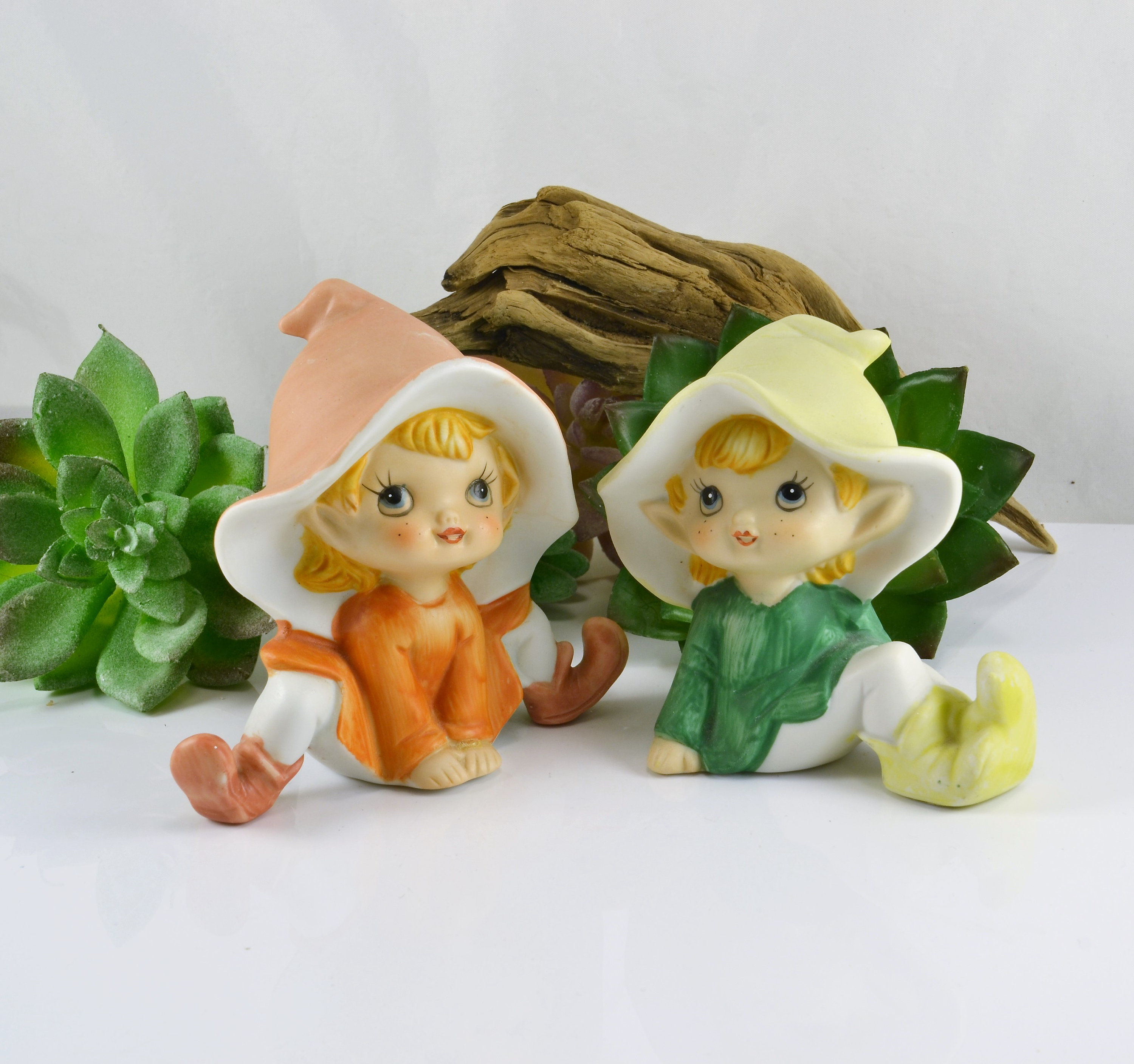 Pixie Elf Figurines Vintage Homco 5213 Homeco Porcelain, Big Hats Freckles  Set of 2 Fairy Garden Terrarium Woodland Decor 