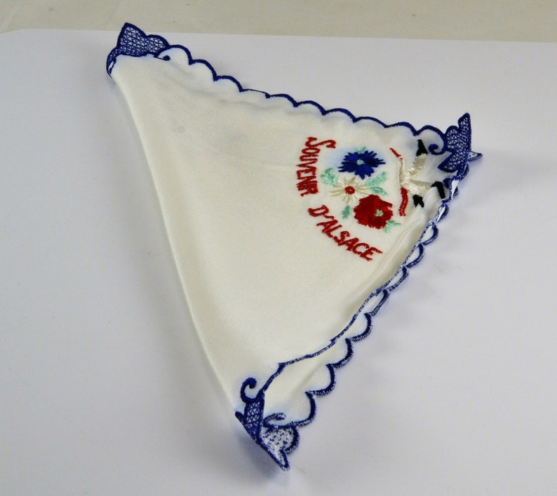 Blue Laced Tips Souvenir Handkerchief D/' Alsace France Silk Hand Embroidered Stork or Crane Flowers