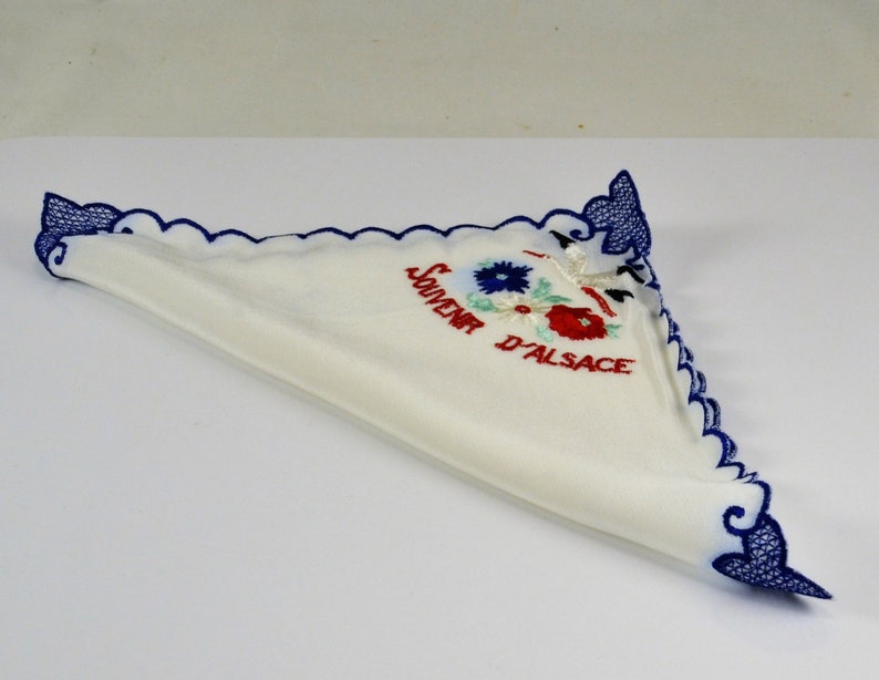 Blue Laced Tips Souvenir Handkerchief D/' Alsace France Silk Hand Embroidered Stork or Crane Flowers