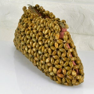 Clutch Pouch Rolled Paper Beads Zippered Vintage  Satin Interior  Use or Take apart for Crafts