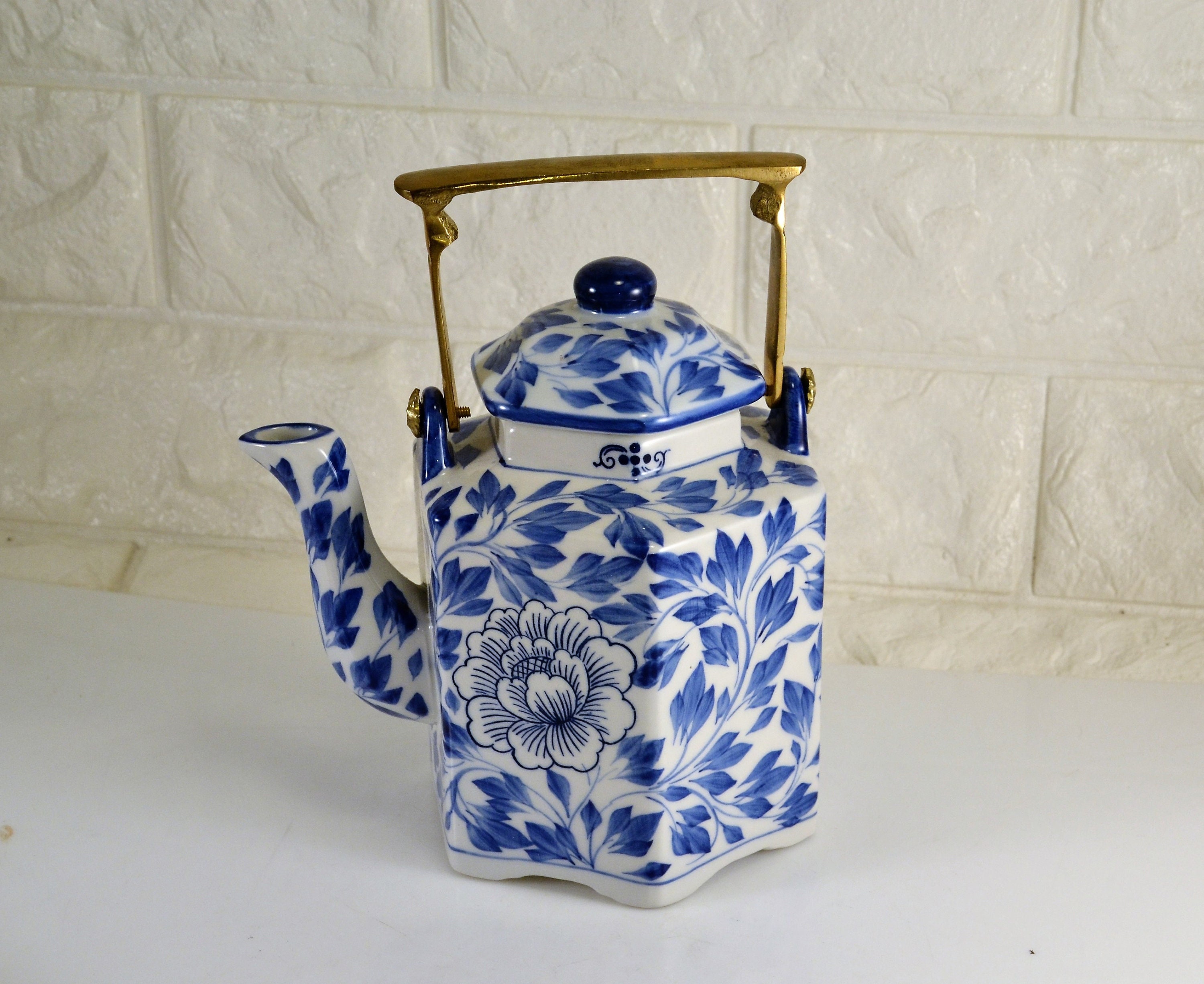 Teapot Blue White Chintz Brass Handle Oriental Hexagon Shape