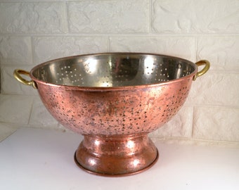 Copper Colander Brass Handles Pedestal Base Large Size Heavy Patina Vintage Modern Farmhouse