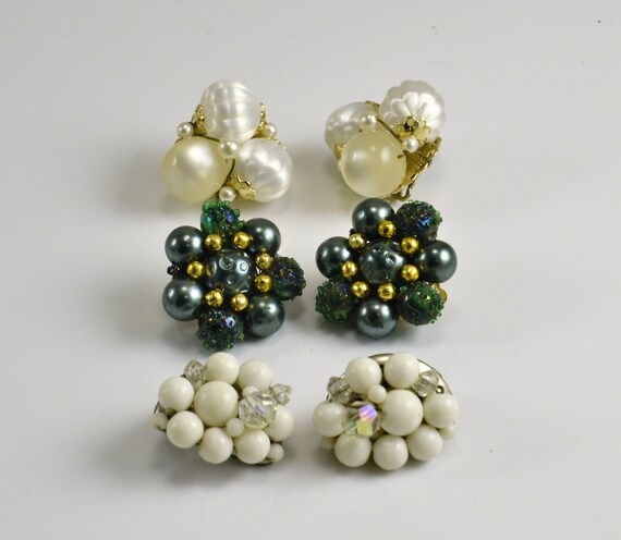 Beaded Earrings  3 Vintage Pair Clip On Japan - M… - image 2