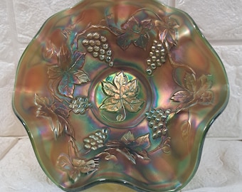 Fenton Grape Cable Bowl Carnival Glass Green Base  Early 1900s
