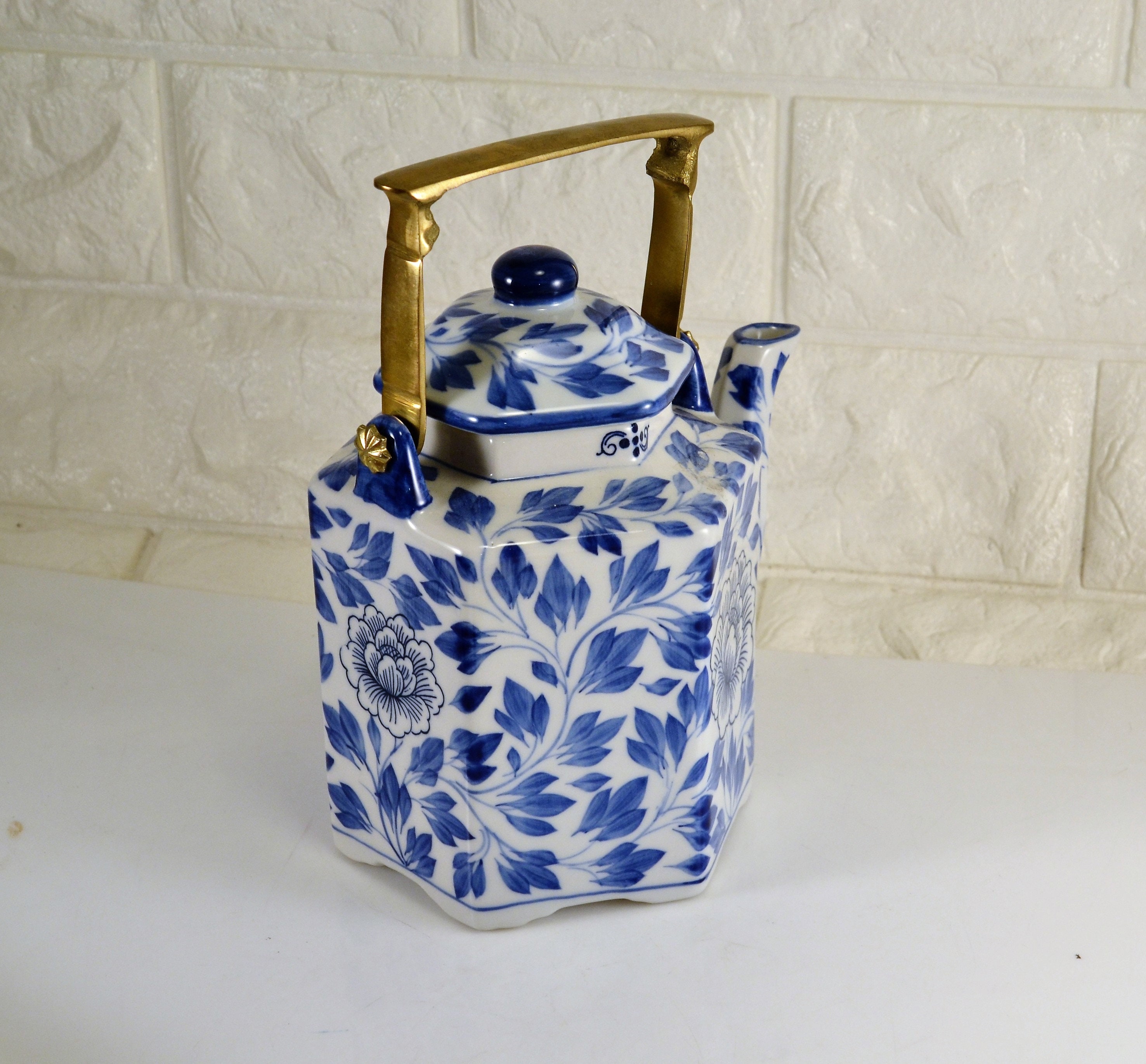 Teapot Blue White Chintz Brass Handle Oriental Hexagon Shape Etsy