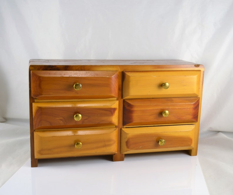 Jewelry Box Cedar Wood 6 Drawer Dresser Top Valet Cabin Country Farmhouse Decor Desk Storage Stash Box