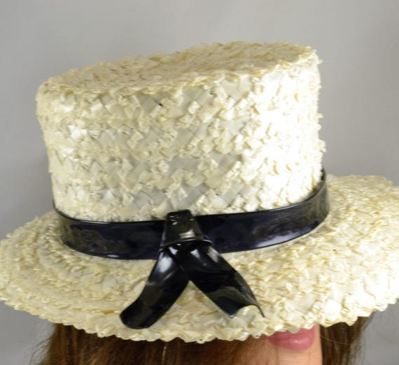 White Raffia Cello Hat - Straw Wide Brim Hat - Bl… - image 3