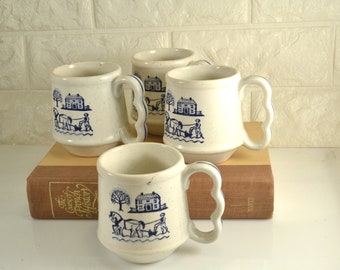 Coffee Cups Mugs Metlox Poppytrail Set of 4 Provincial Fam Scene Blue White Finger Style Handles