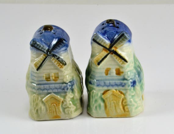 Windmill Salt Pepper Shakers - Made in Japan Majolica Style - Vintage Novelty Shakers