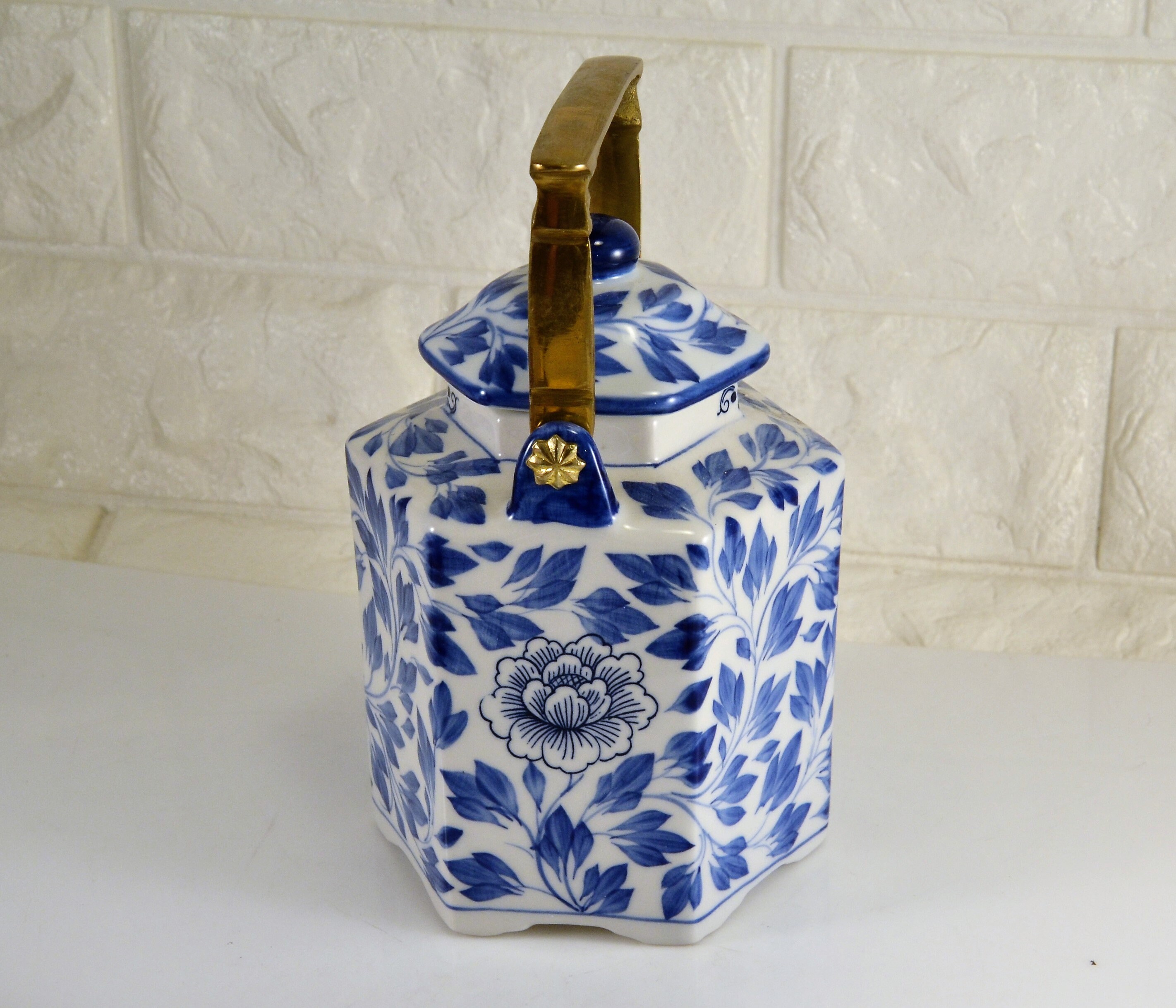 Teapot Blue White Chintz Brass Handle Oriental Hexagon Shape Etsy