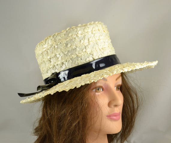 White Raffia Cello Hat - Straw Wide Brim Hat - Black Shiny