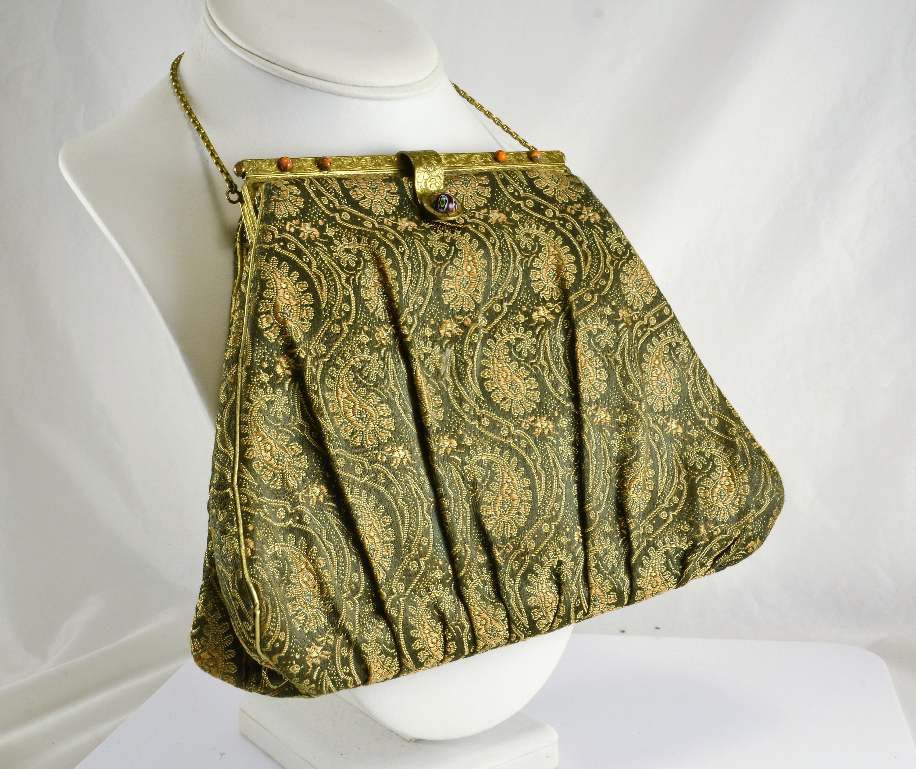 1920s Brocade Purse Paisley Design Jeweled Millefiori Bead  Clasp Ornate Gold Tone Metal Frame Glass Beads Cosmetic Mirror Pouch French
