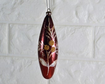 Mercury Glass Ornament Vintage Poland Gorgeous Patina Deep Red Floral Mica Design Feather Tree Ready
