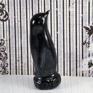 Rueven Black Glass Penguin Figurine, Nouveau Glass Company Art Glass Paperweight Shelf Sitter