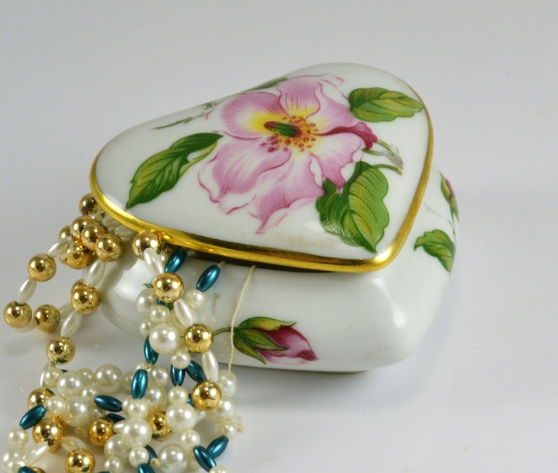 Gold Trim Heart Trinket Dish Rochard Limoges France Pink Floral Rose
