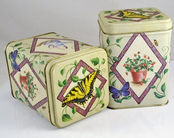 Tea Tins Matching Pair - Garden Butterfly Theme - Biscuit Tin Accent Decor - Vintage Shabby Cottage - Artist Tina