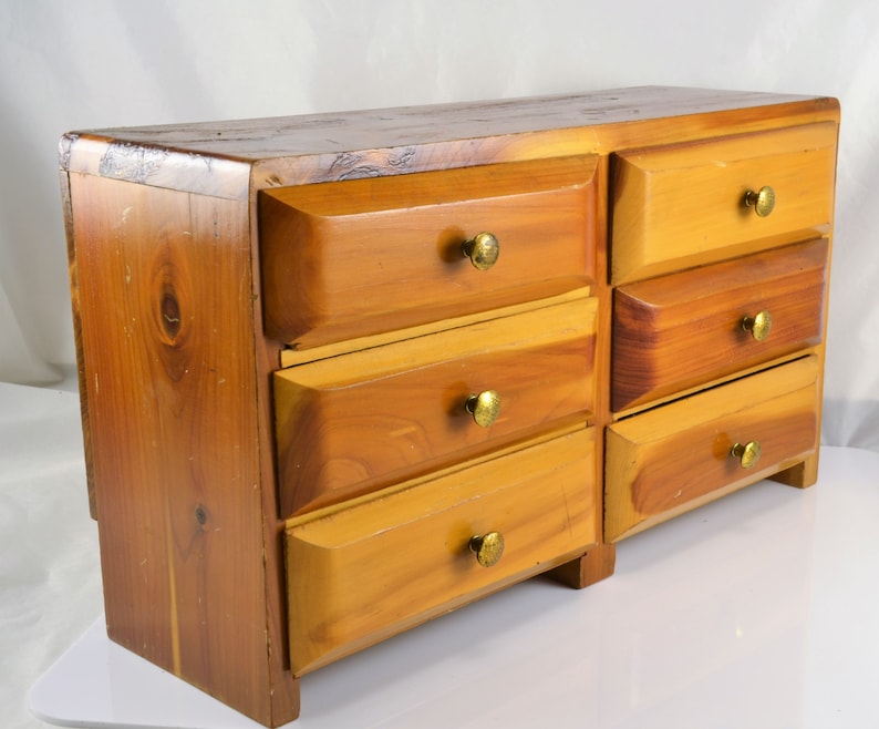 Jewelry Box Cedar Wood 6 Drawer Dresser Top Valet Cabin Country Farmhouse Decor Desk Storage Stash Box