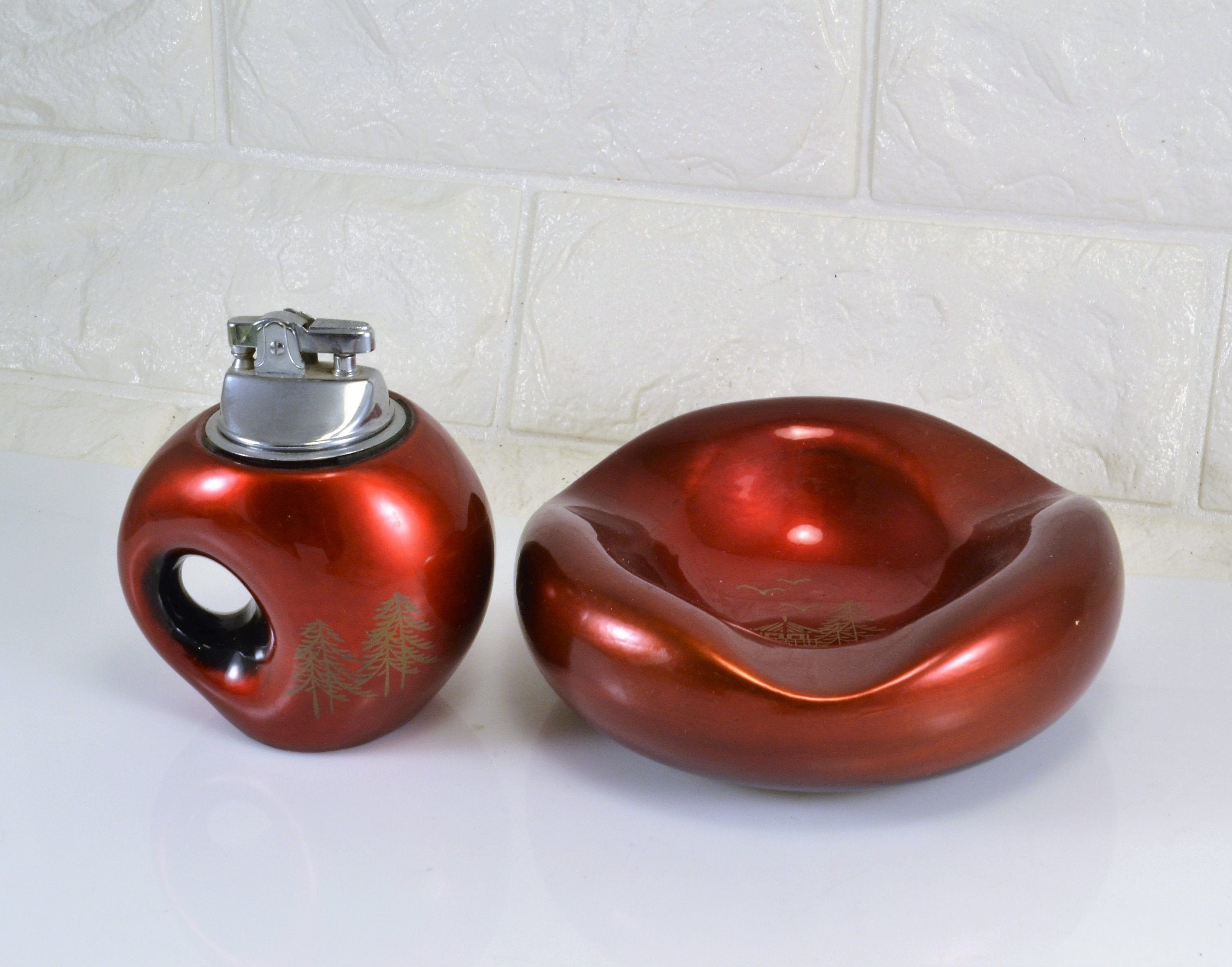 Table Lighter Ashtray Matching AIZU Made in Japan Red