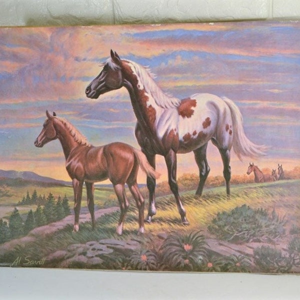 Horse Litho Al Savitt Artist Unframed 12 x 16  Pinto Paint Mare & Foal w/ Herd in backdrop Western Equine