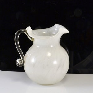 Blown Glass Pitcher White Clear Applied Handle Modern Farmhouse Cottage Core Flower Vase