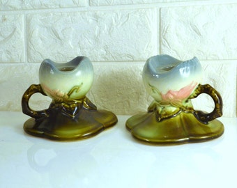 Hull Pottery Candlesticks Matching Pair Vintage Art Pottery 1950s Woodland Pattern Ombre blue Pink Flowers Green Handles Leaves Gloss Glaze