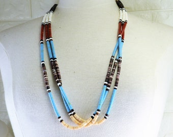 Turquoise Necklace 3 Strand Santo Domingo Pueblo Vintage Coral Shell Heishi Multi Colored Wrapped