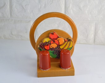 Salt Pepper Napkin Holder Wood Fruit Red Celluloid Shakers Vintage Retro Kitchen Table