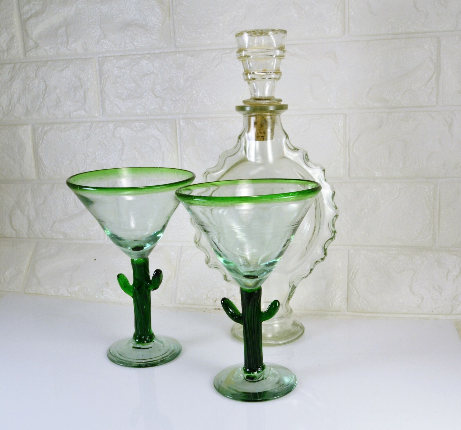 Cactus Stem Blown Glass Margarita Martini Stemmed Glasses Set Etsy