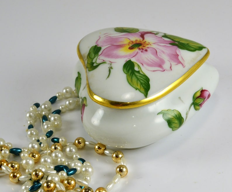 Gold Trim Heart Trinket Dish Rochard Limoges France Pink Floral Rose