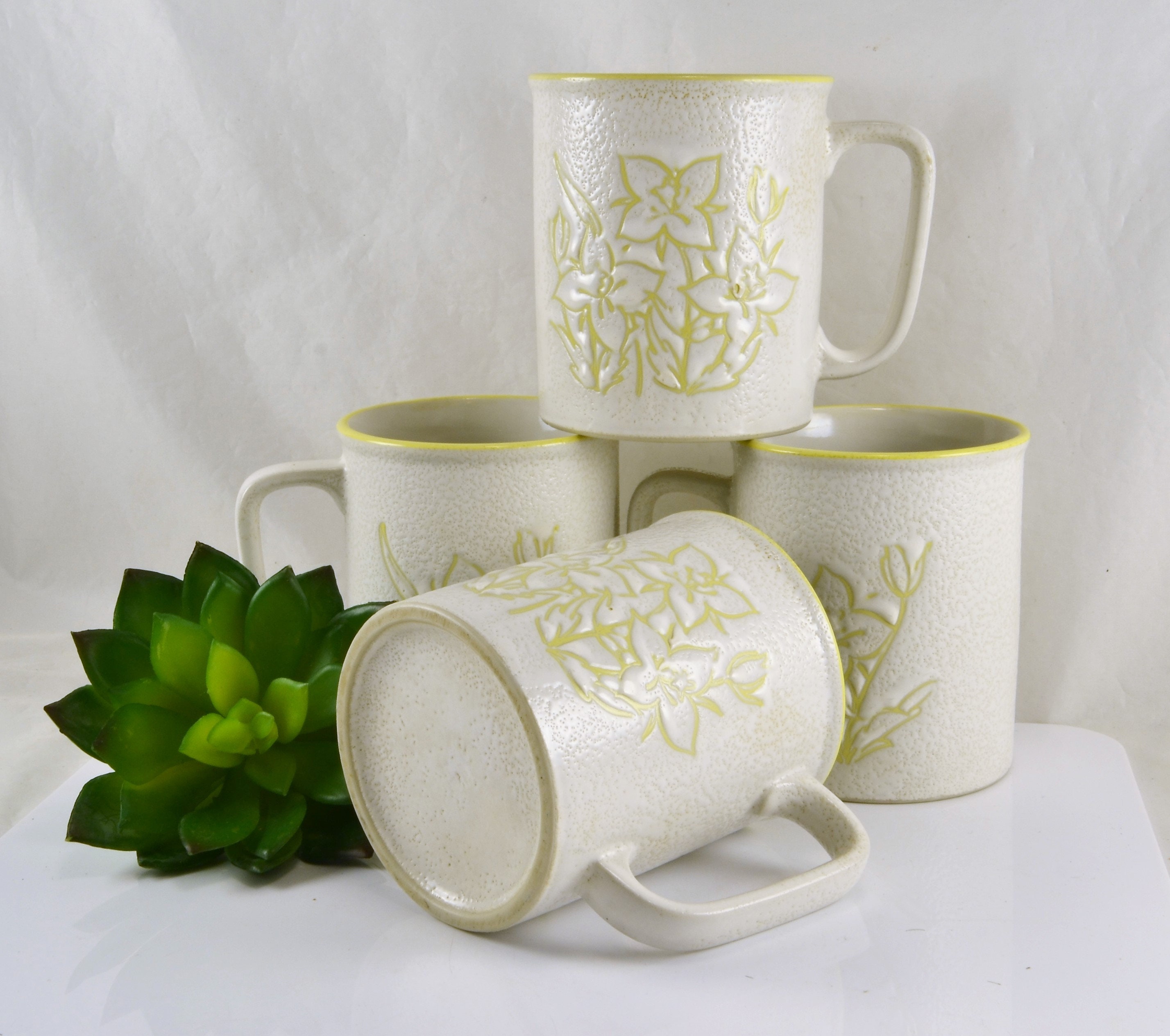 Coffee Tea Mugs Set of 4 Floral Yellow Textured Large 10 Etsy