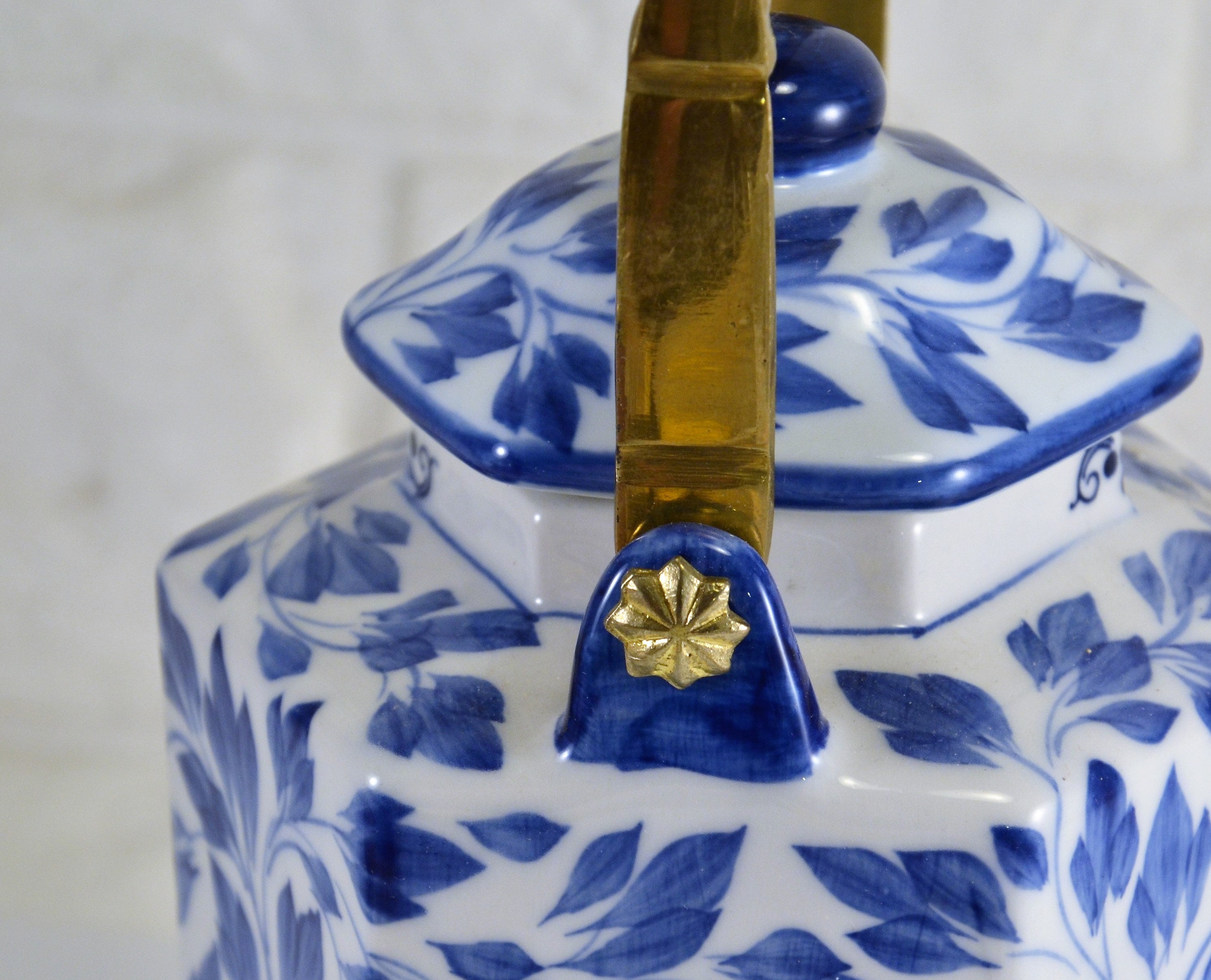 Teapot Blue White Chintz Brass Handle Oriental Hexagon Shape Etsy
