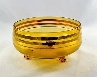 Yellow Glass Footed Bowl  Empoli Italy  Tri Footed Applied Feet  Gold Rings Autumn Thanksgiving Decor or Serving Hollywood Regency