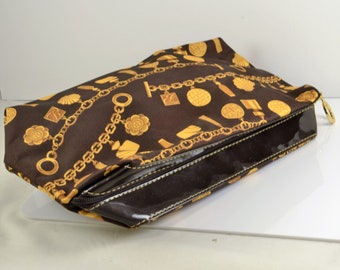 Vintage Cosmetic Make Up Bag Estee Lauder Status Print Bag, Large Size, Brown Gold Charm Bracelet Design, Like New Condition