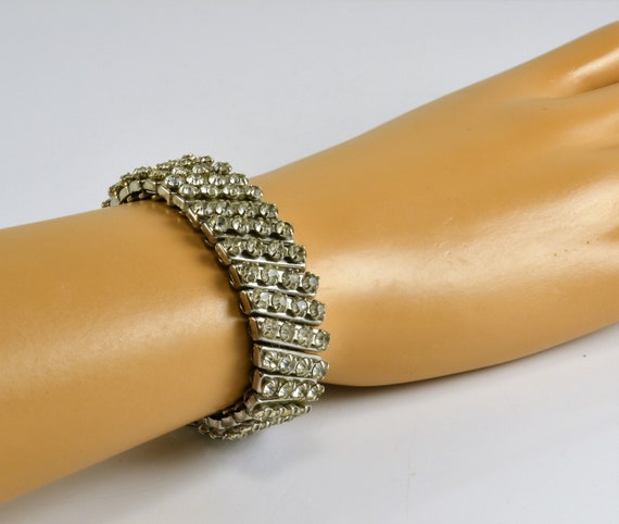 Rhinestone Stretch Bracelet Vintage Silver Tone Expansion