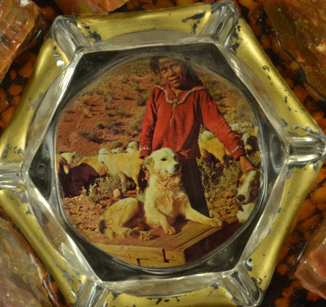 Petrified Wood Ashtray - Native American Photo Under Glass