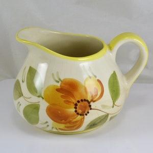 Hand Painted Portugal Pitcher - 4 Cup - Bold Orange Floral - Green Leaves Yellow Accent Decor Ceramic Pottery Pitcher