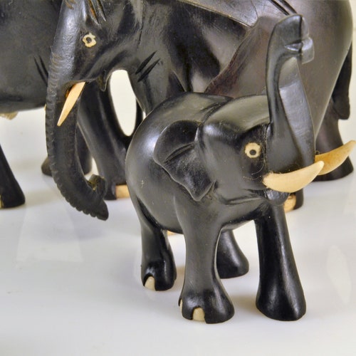 Elephant Family Figurines 4 Hand Carved Ebony Wood Figures shops Bull Cow & 2 Calves Made in Tanganyika Africa Tanzania White Toenails Tusks
